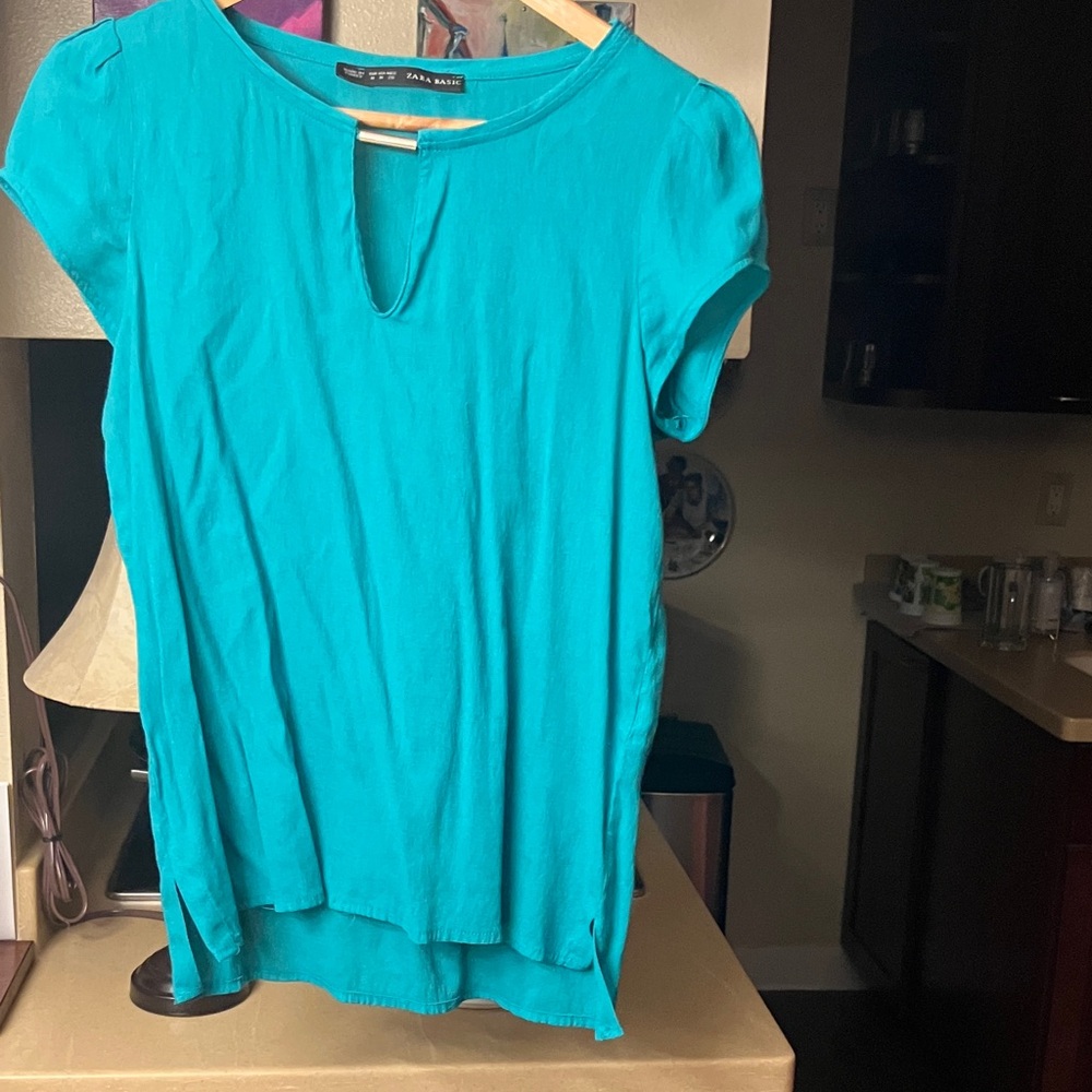 Zara Teal Cap Sleeve, cut out Short Sleeve blouse
